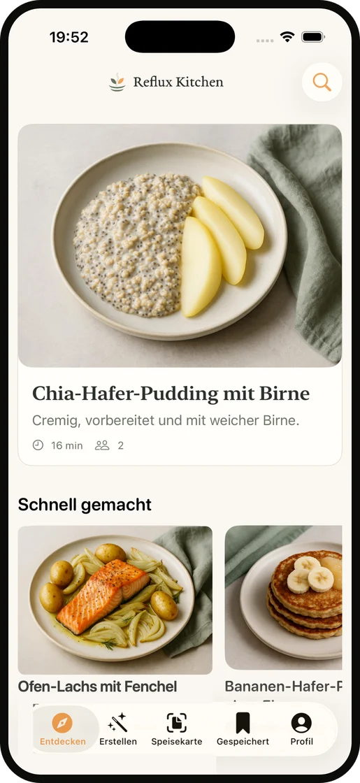 Reflux Kitchen App mit kuratierten Reflux-Rezepten im Tab Entdecken