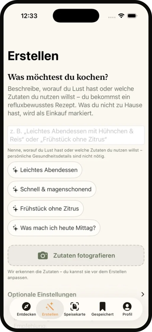 Erstellen-Screen der Reflux Kitchen App: Rezept in eigenen Worten oder aus Zutaten