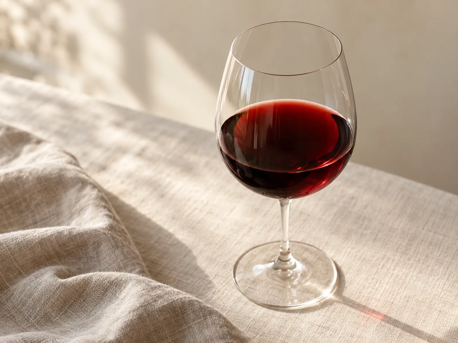Ein Glas Rotwein auf einer hellen Leinenfläche