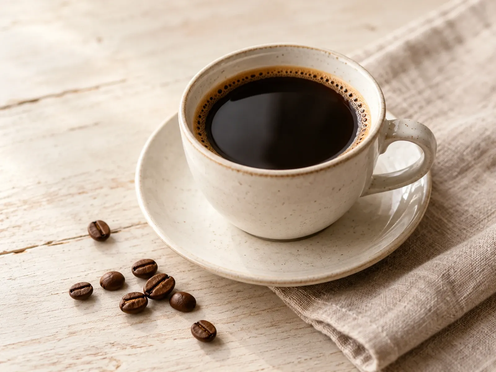 Eine Tasse schwarzer Kaffee mit Kaffeebohnen