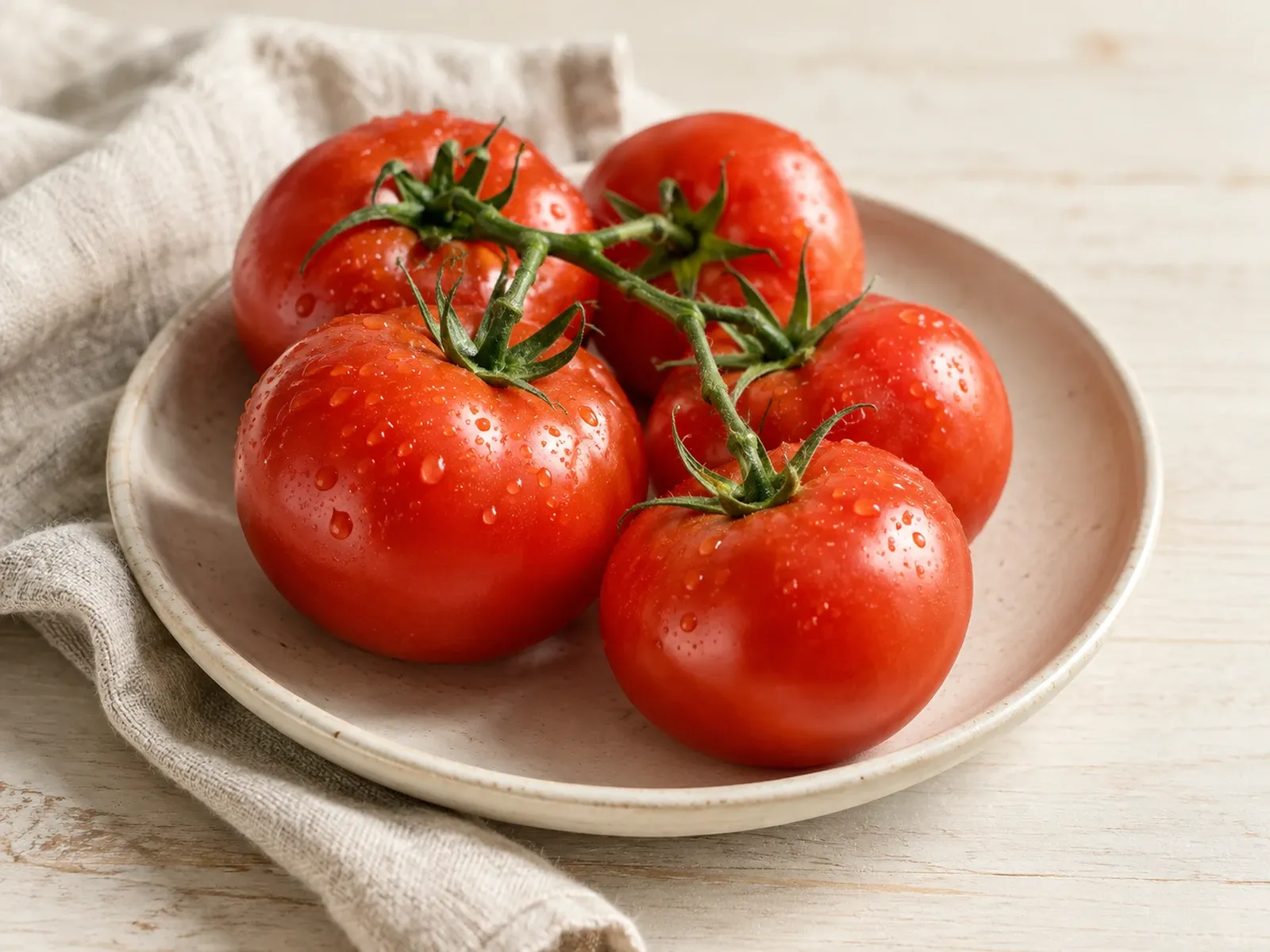 Frische reife Tomaten an der Rispe auf einem Teller