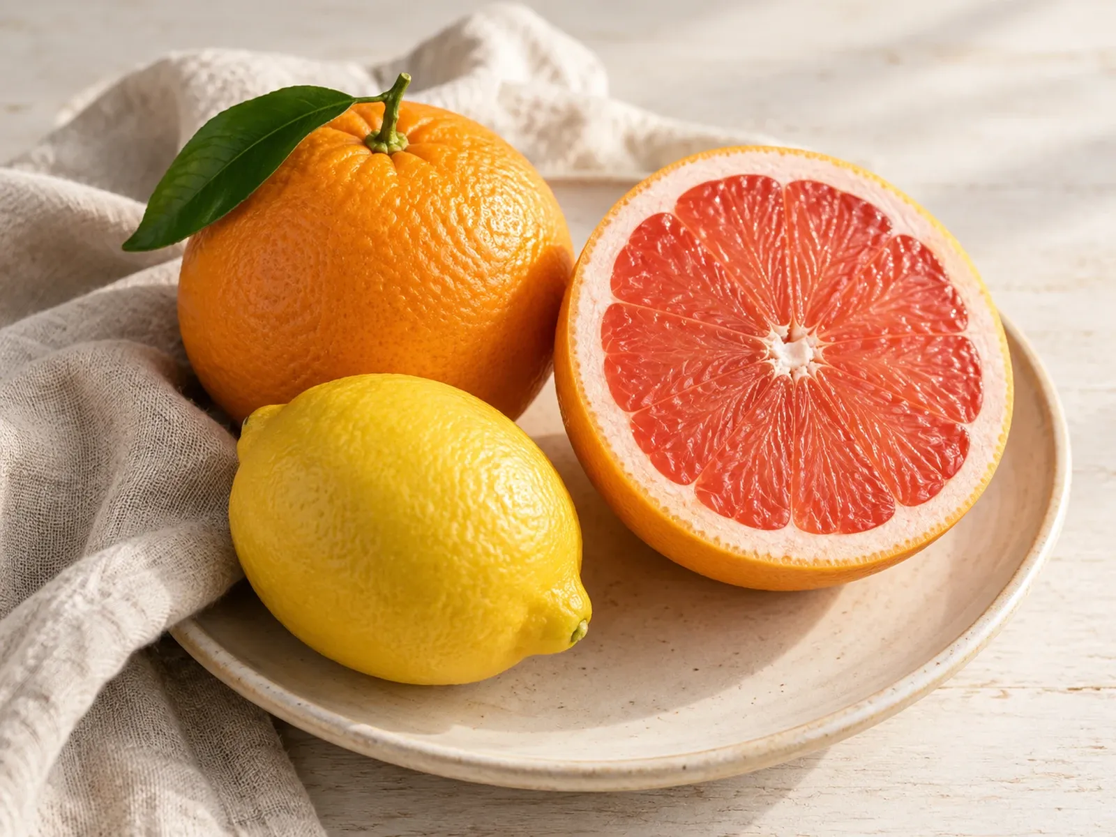 Orange, Zitrone und halbierte Grapefruit auf einem Teller