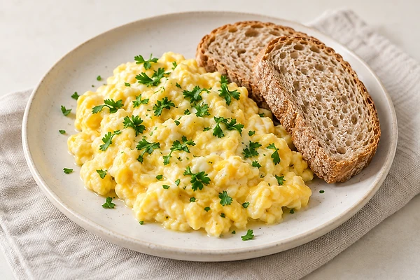 Cremiges Rührei mit Petersilie neben zwei Scheiben Dinkelbrot auf einem hellen Teller.
