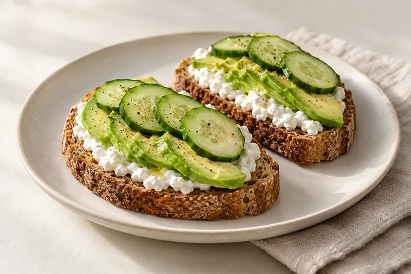 Zwei Scheiben Dinkeltoast mit Hüttenkäse und dünnen Gurkenscheiben auf einem hellen Teller.