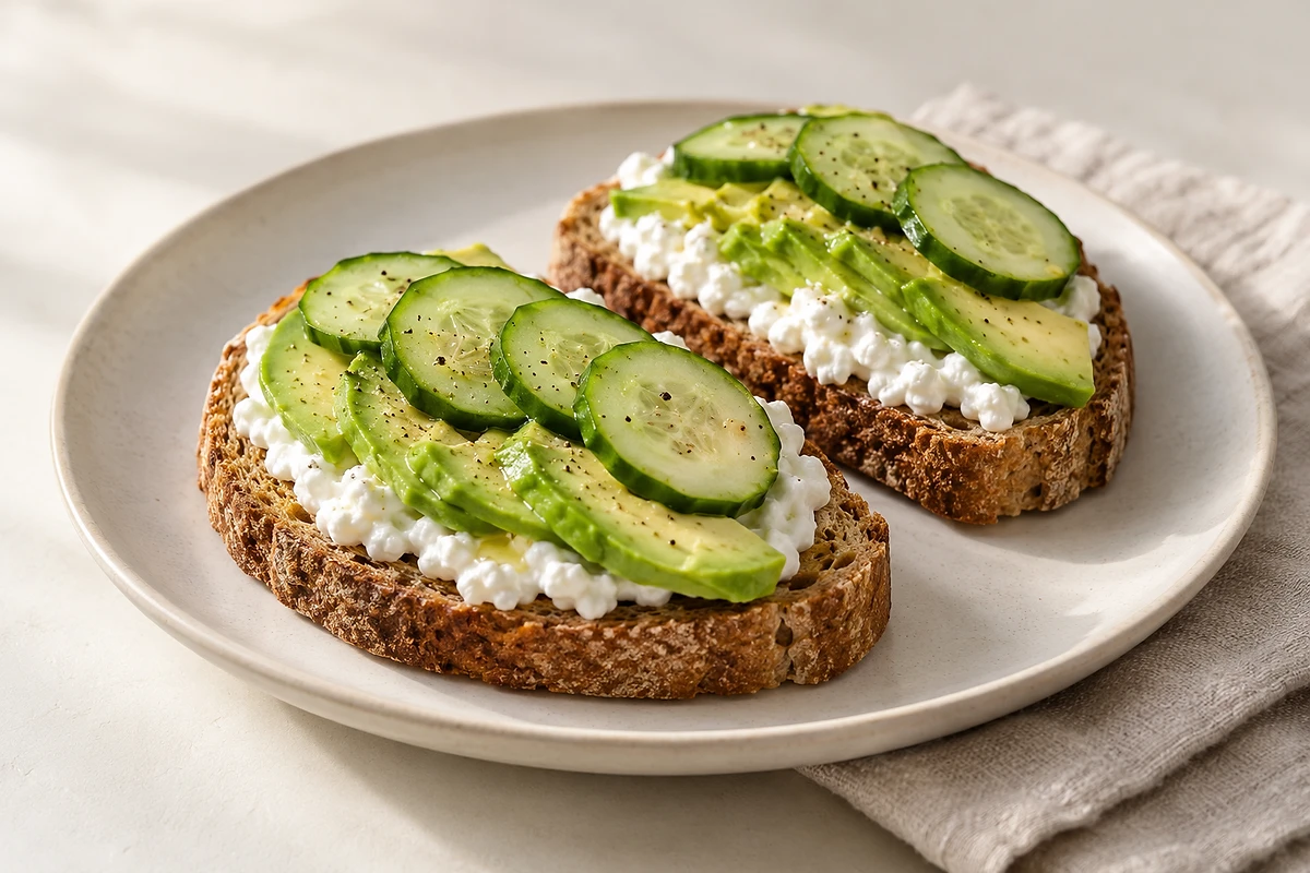Zwei Scheiben Dinkeltoast mit Hüttenkäse und dünnen Gurkenscheiben auf einem hellen Teller.