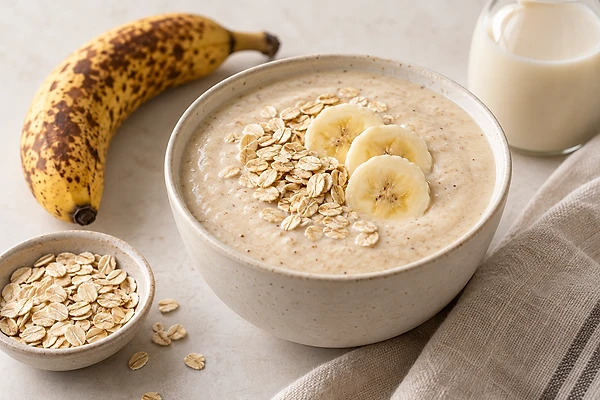 Cremiger heller Banane-Hafer-Smoothie in einem kleinen Glas.