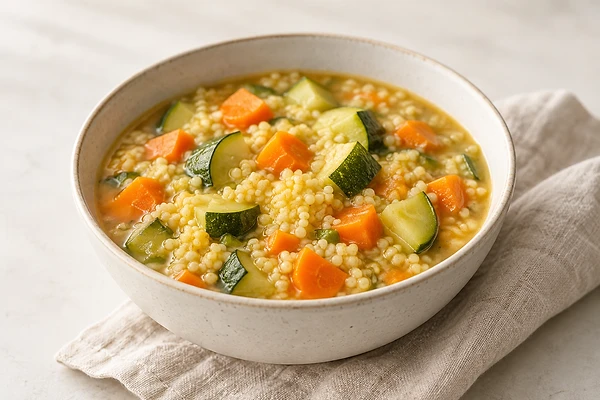 Hirse-Gemüse-Eintopf mit Karotten und Kartoffeln in einer Schale, bestreut mit Petersilie.