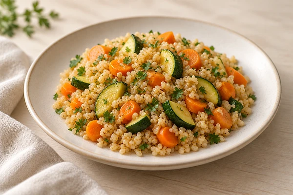 Dinkelbulgur mit gewürfelter Zucchini, Karotte und Kürbis in einer Schüssel.