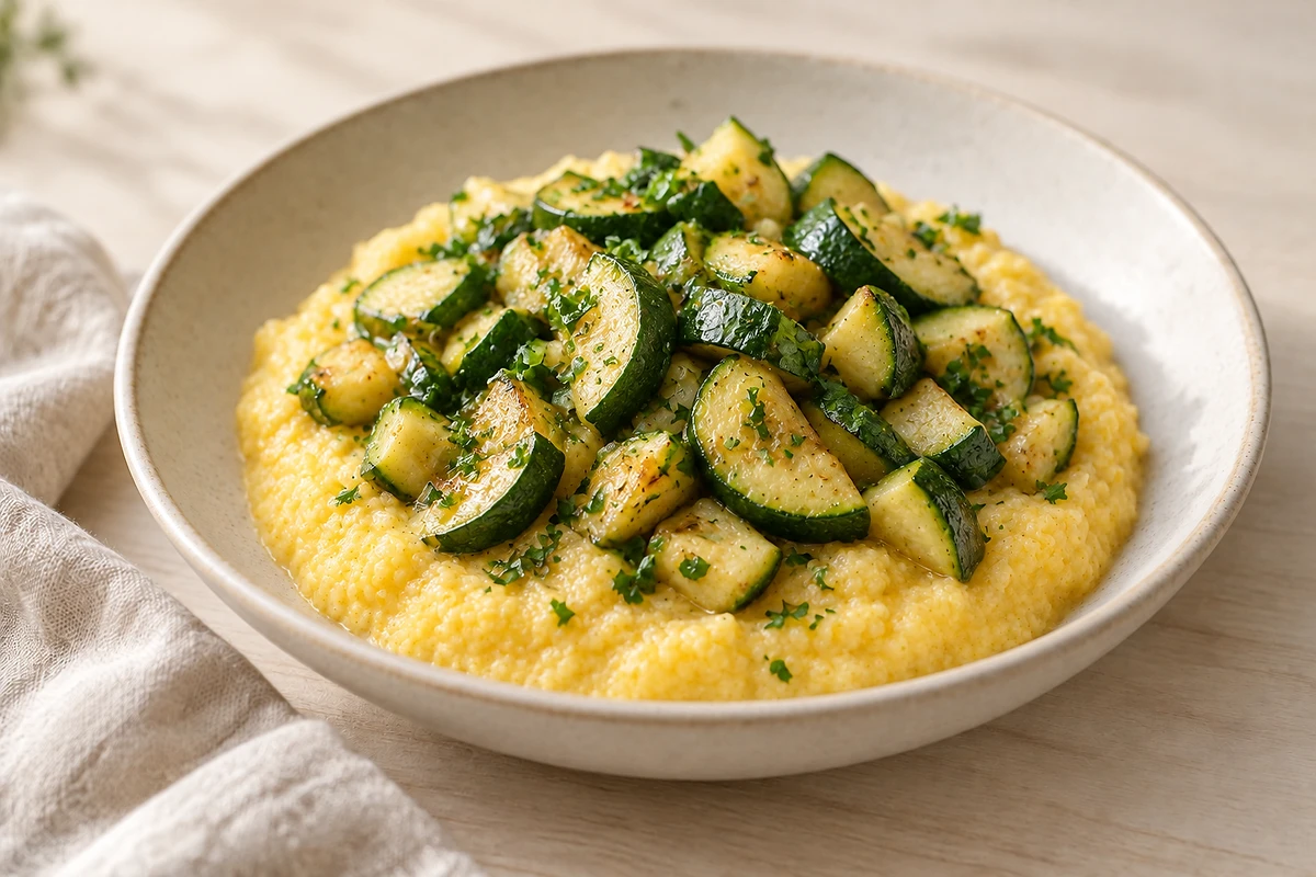 Cremige Polenta mit gedünsteten Zucchini- und Karottenstücken in einer Schale.