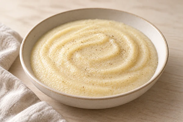 Cremiger heller Grießpudding mit einer Prise Vanille in einer kleinen Schale.