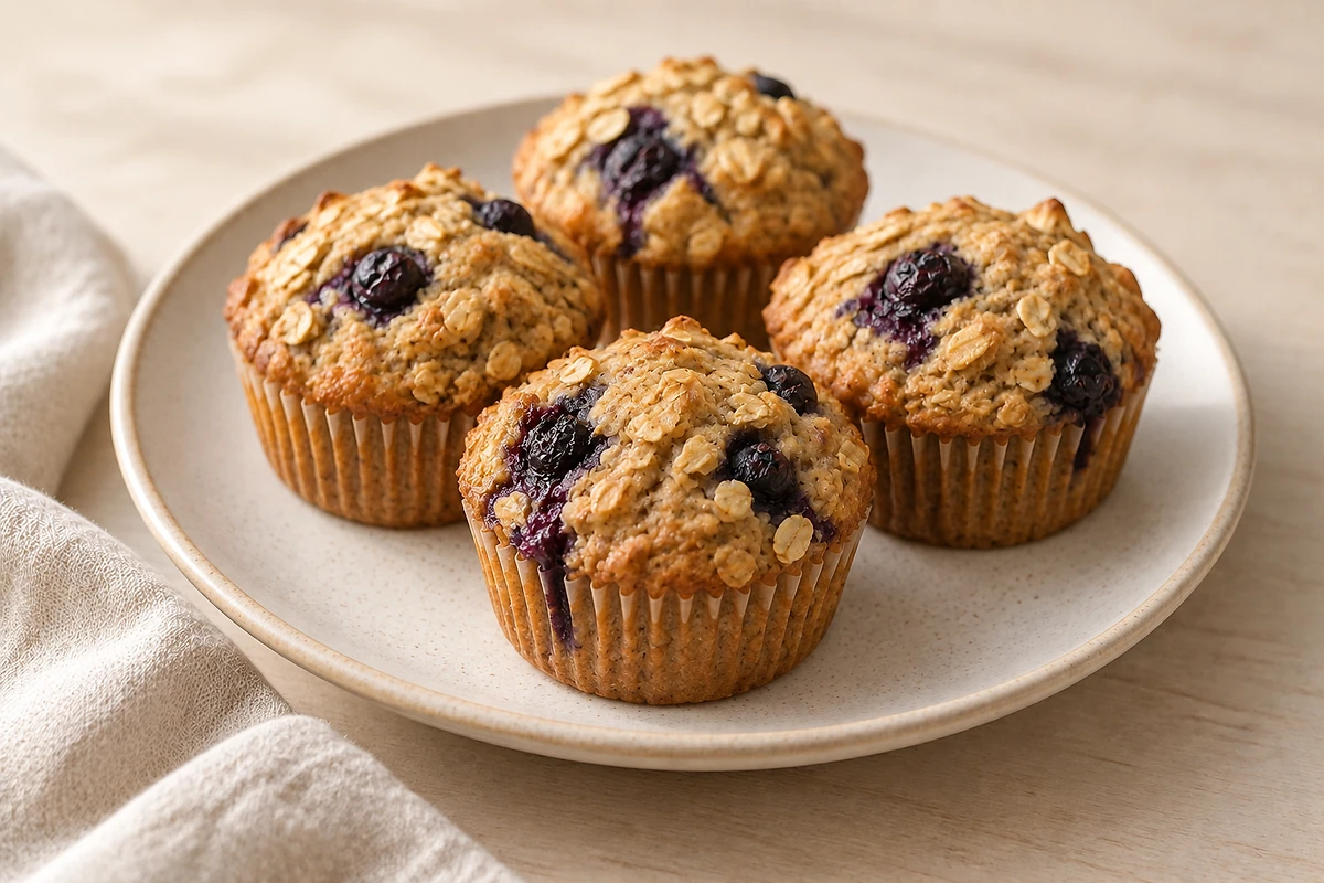 Blaubeer-Hafer-Muffins auf einem hellen Teller.