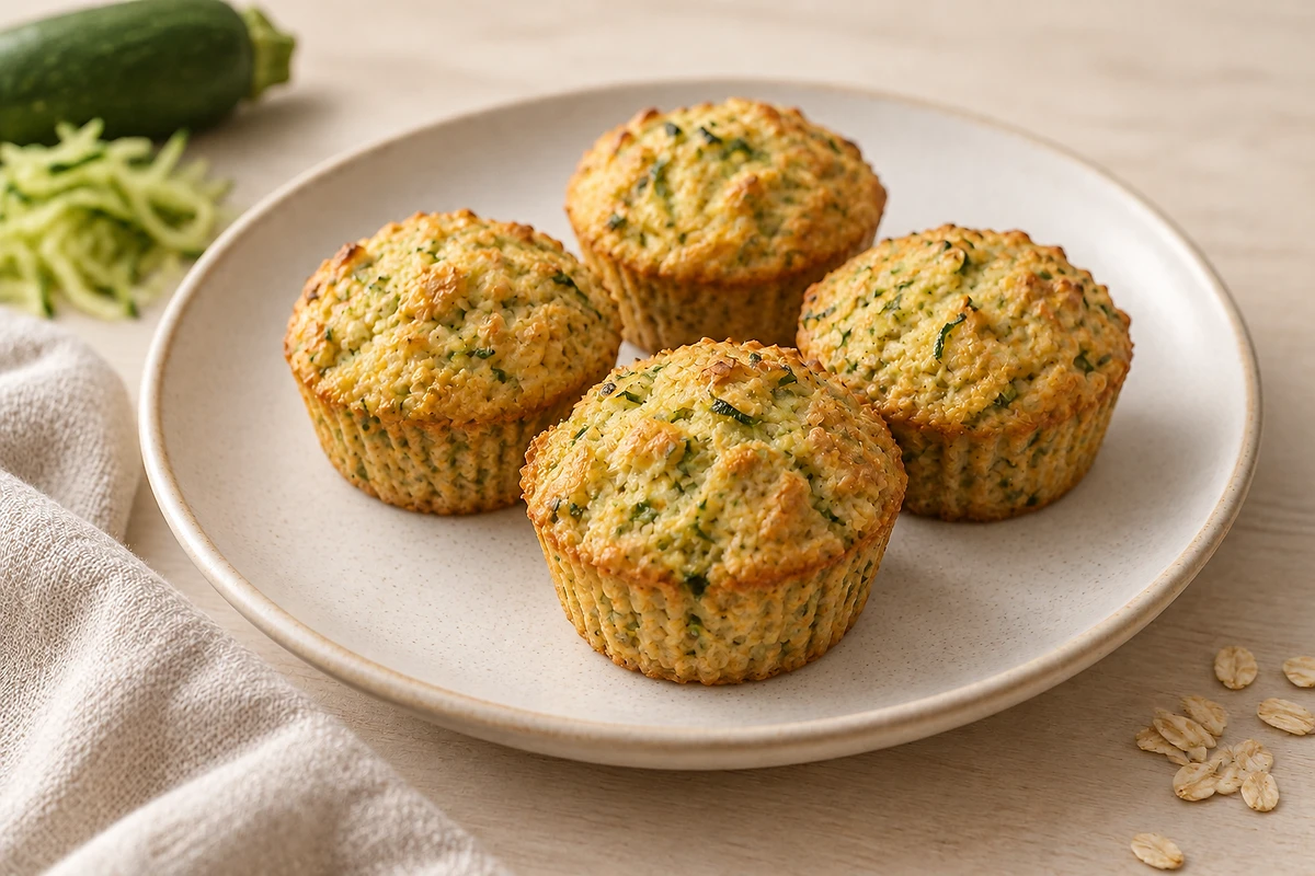 Sechs herzhafte Zucchini-Hafer-Muffins mit Petersilie in einem Muffinblech.