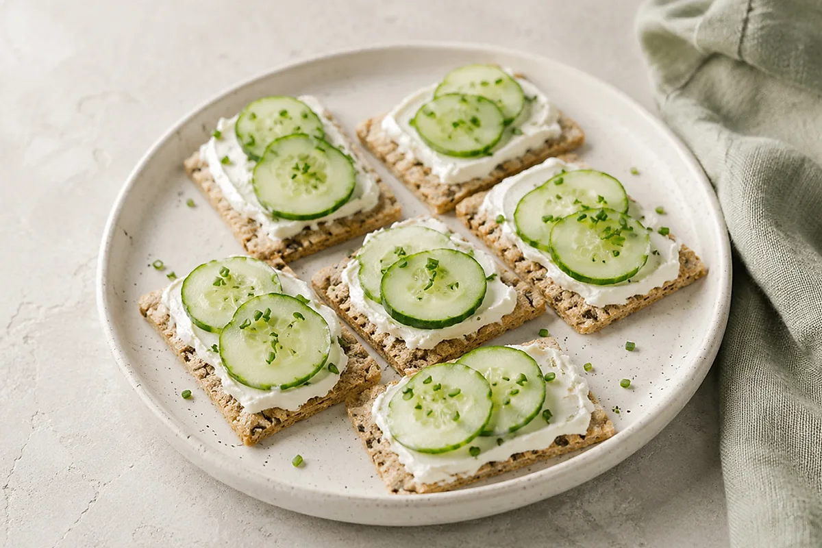 Vier Dinkel-Cracker mit Frischkäse und dünnen Gurkenscheiben auf einem hellen Teller.