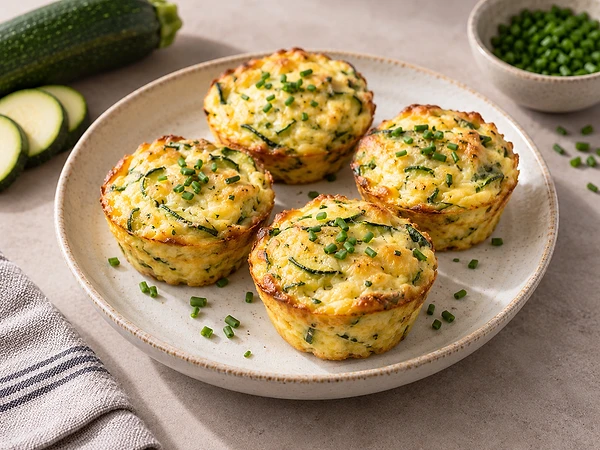 Goldgelbe Rührei-Muffins mit grünen Zucchini- und Schnittlaucksprenkeln in einer Muffinform.