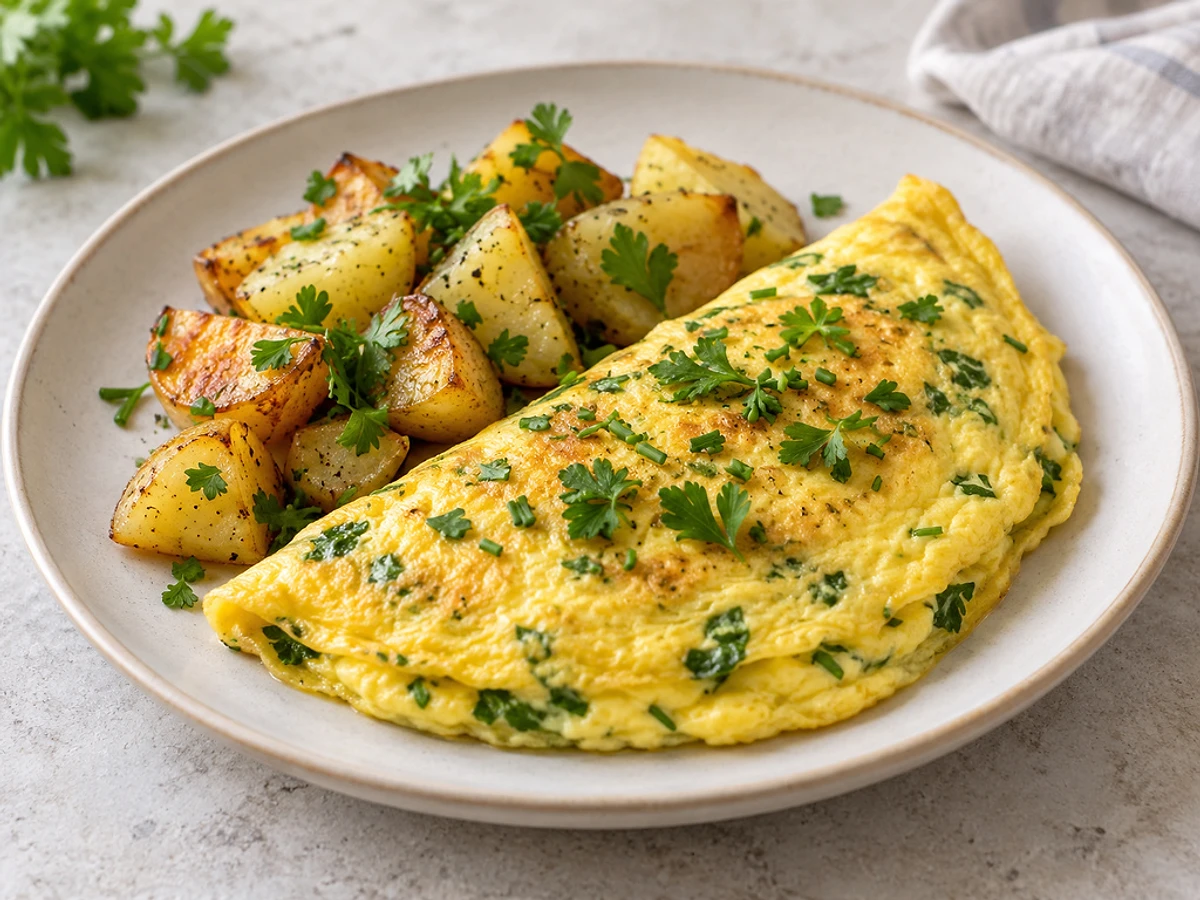 Weiches Kräuter-Omelett mit Kartoffelwürfeln in einer beschichteten Pfanne, bestreut mit Petersilie und Schnittlauch.