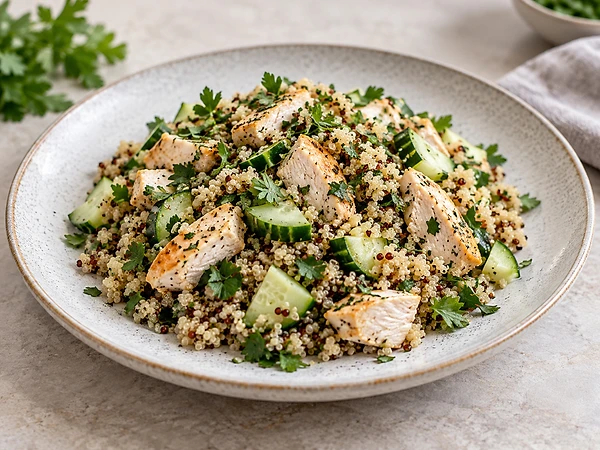Lauwarmer Quinoa-Salat mit Hähnchenstreifen, Gurkenwürfeln und Petersilie in einer Schale.