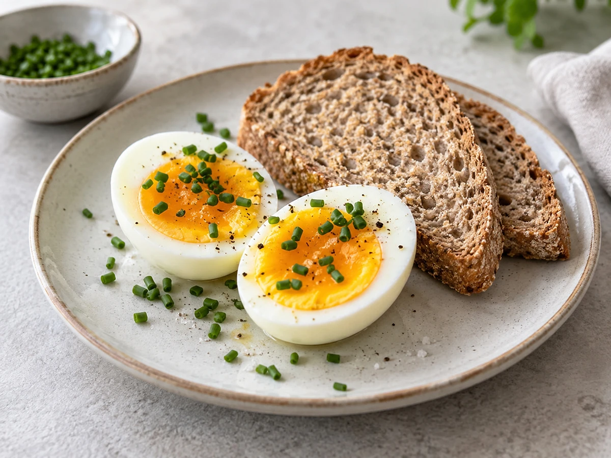 Zwei halbierte hart gekochte Eier mit Schnittlauch neben einer Scheibe Dinkelbrot.